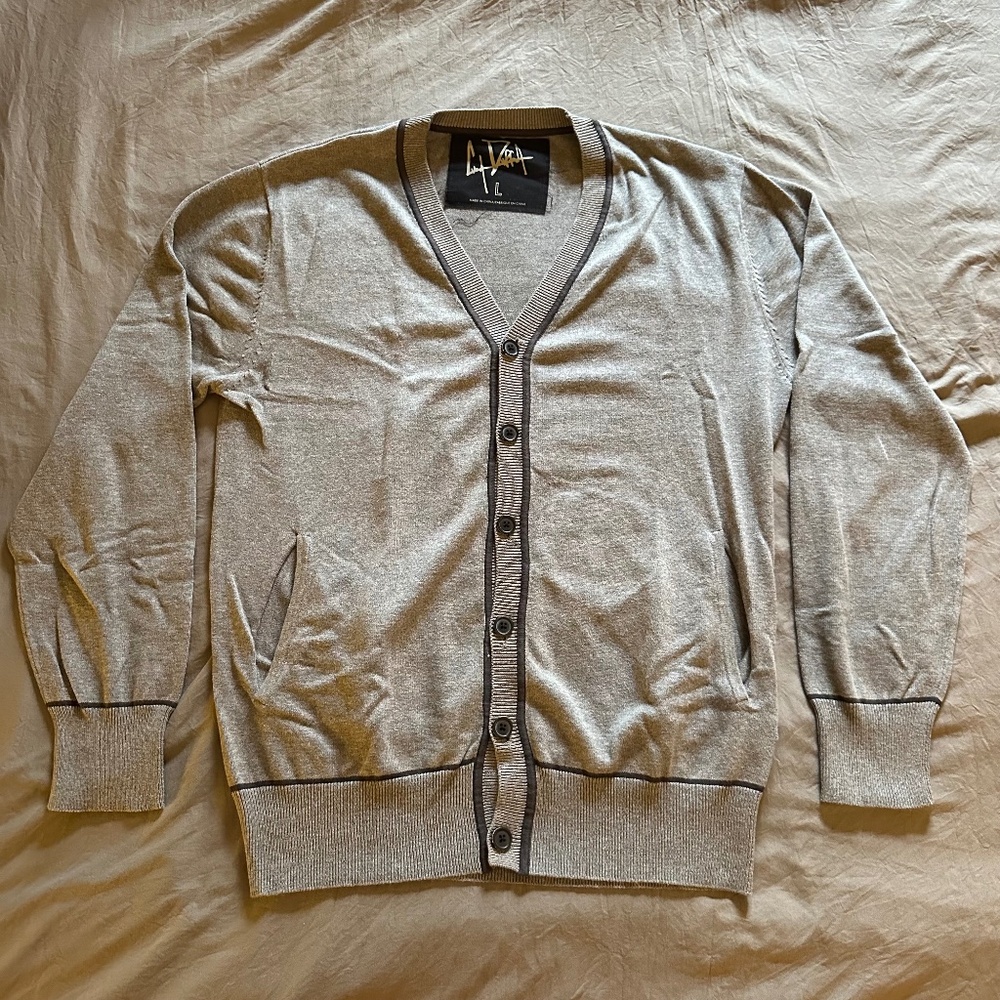 Men's 100% Cotton Gray Cardigan Sweater, Large